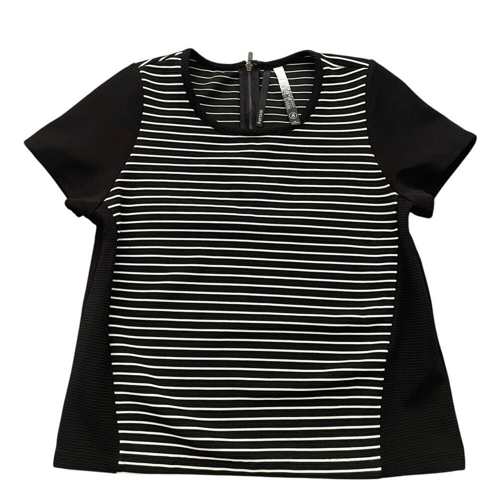 KENSIE Womens Size S Black White Striped Short Sleeve Blouse